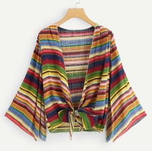 Plus size Striped knot hem kimono